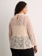 Mock-Neck Long-Sleeve Embroidered Blouse