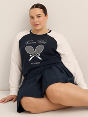 Navy Relaxed-Fit Raglan Sweatshirt with Tennis Chest Print - Active Zone