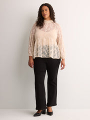 Mock-Neck Long-Sleeve Embroidered Blouse