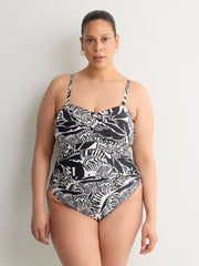 Black Foliage-Print Twisted Bandeau One-Piece Swimsuit