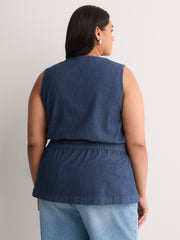 Denim Fit and Flare Sleeveless V-Neck Vest Blouse