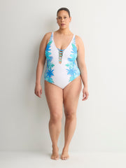 Plunging Lace-Down One-Piece Swim Suit - Bleu by Rod Beattie