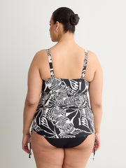 Black Foliage-Print Twisted Bandeau Tankini Top