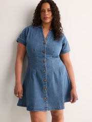 Denim Buttoned-Down Dolman Sleeve Shirt Dress