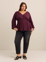 Wide-Sleeve V-Neck Blouse with Decorative Tape - Addition Elle
