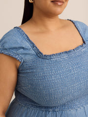 Smocked Denim Maxi Dress with Cap Sleeves