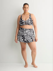 Black Foliage-Print Bikini Top With Front Knot