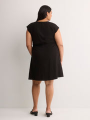 Crew-Neck Extended-Sleeve Knit Dress with Side Shirring