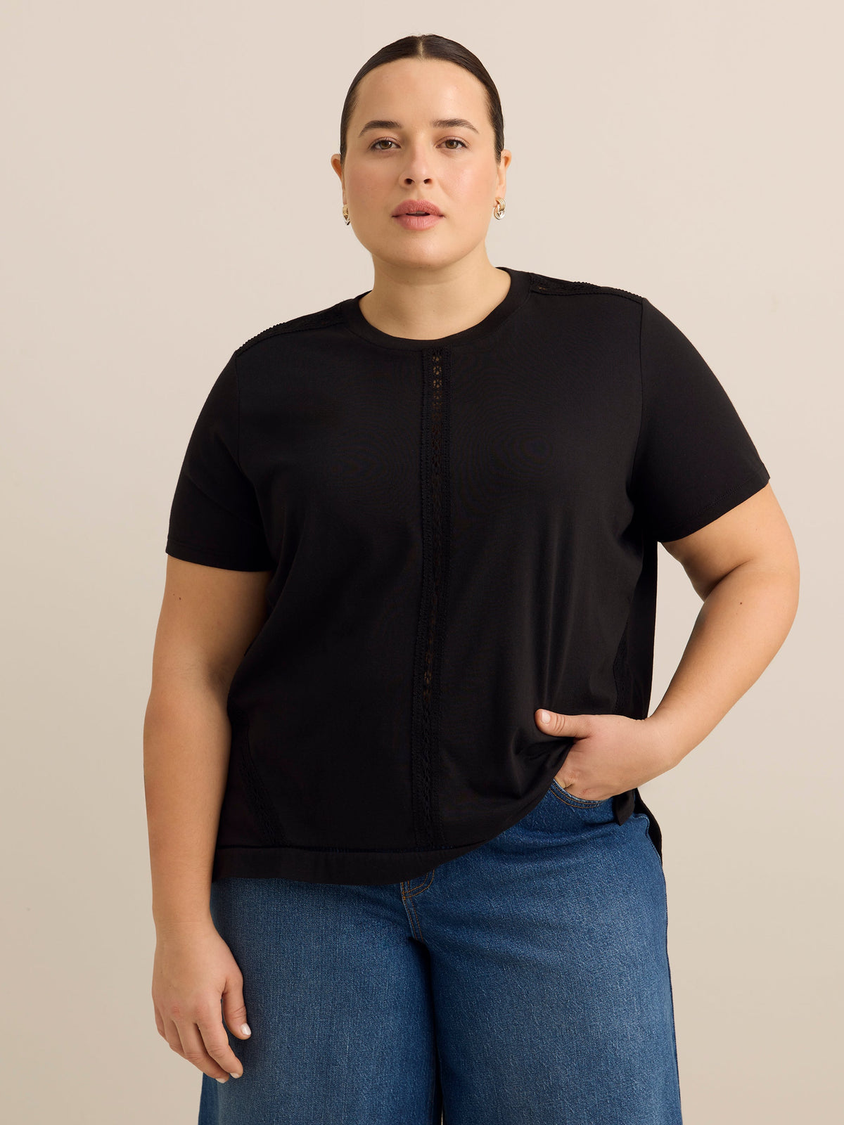 Crewneck Top with Crochet Details