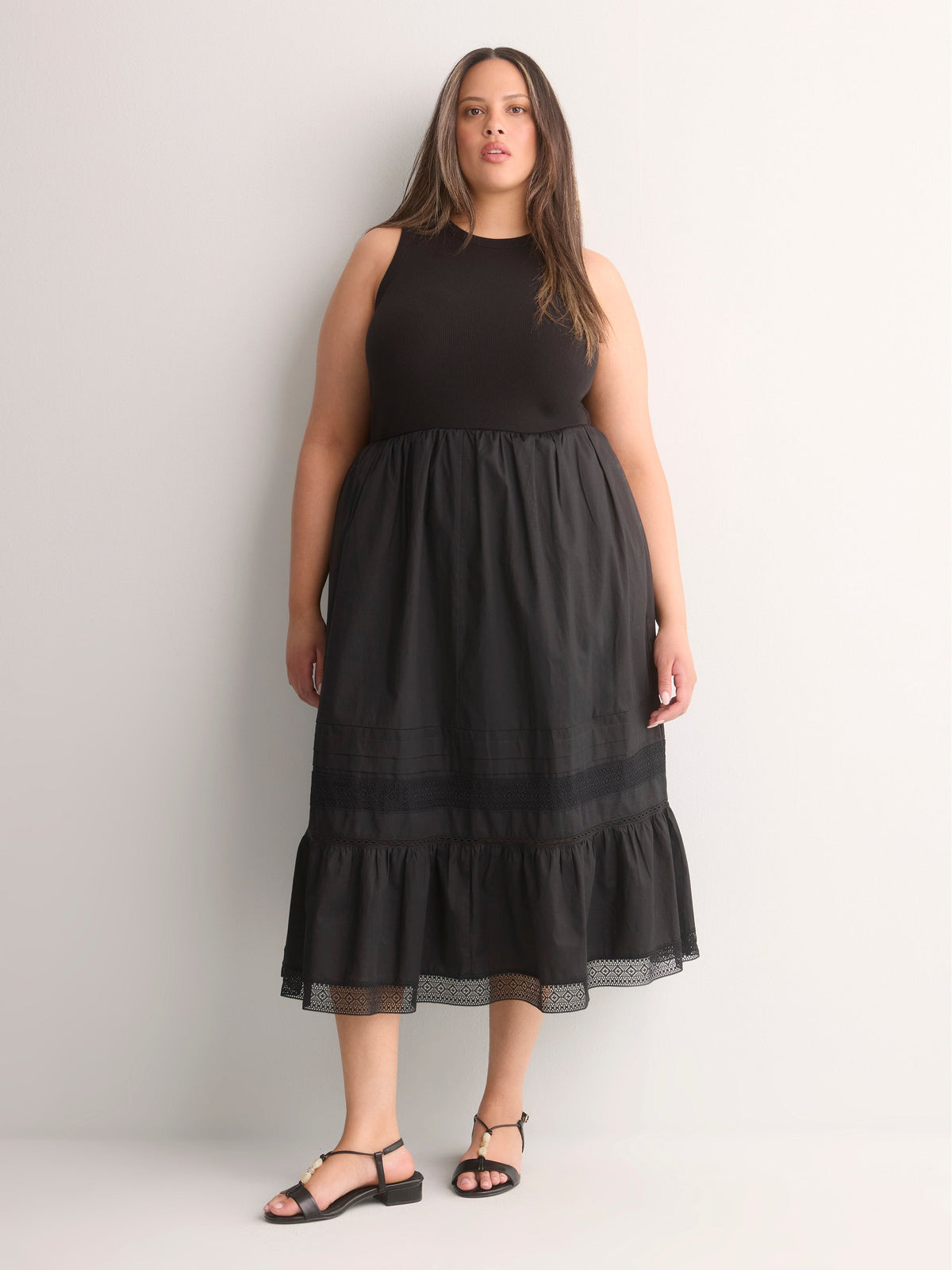 Sleeveless Shirred Tier Midi Dress