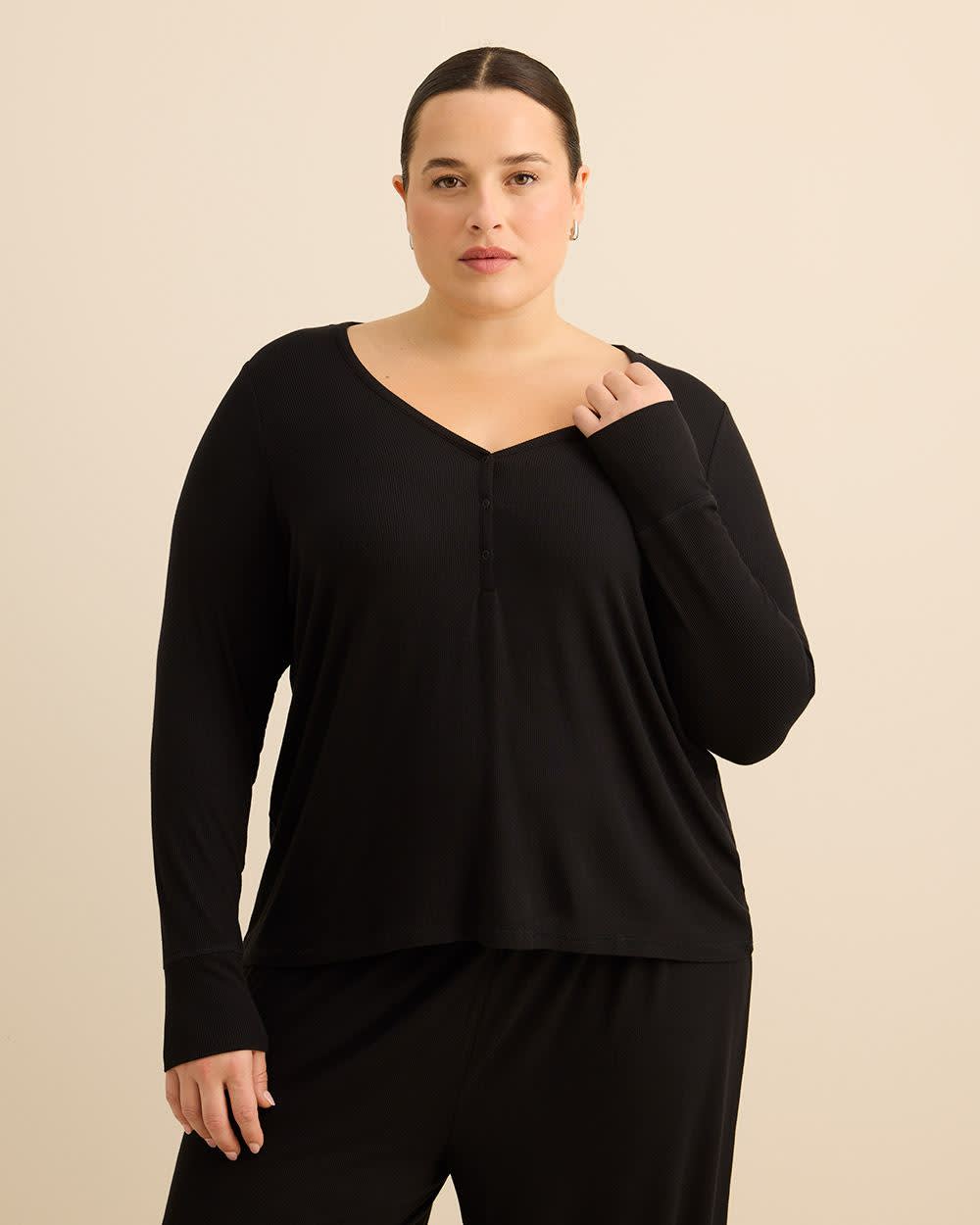 Black Rib Henley Neck Pyjama Top - ti Voglio