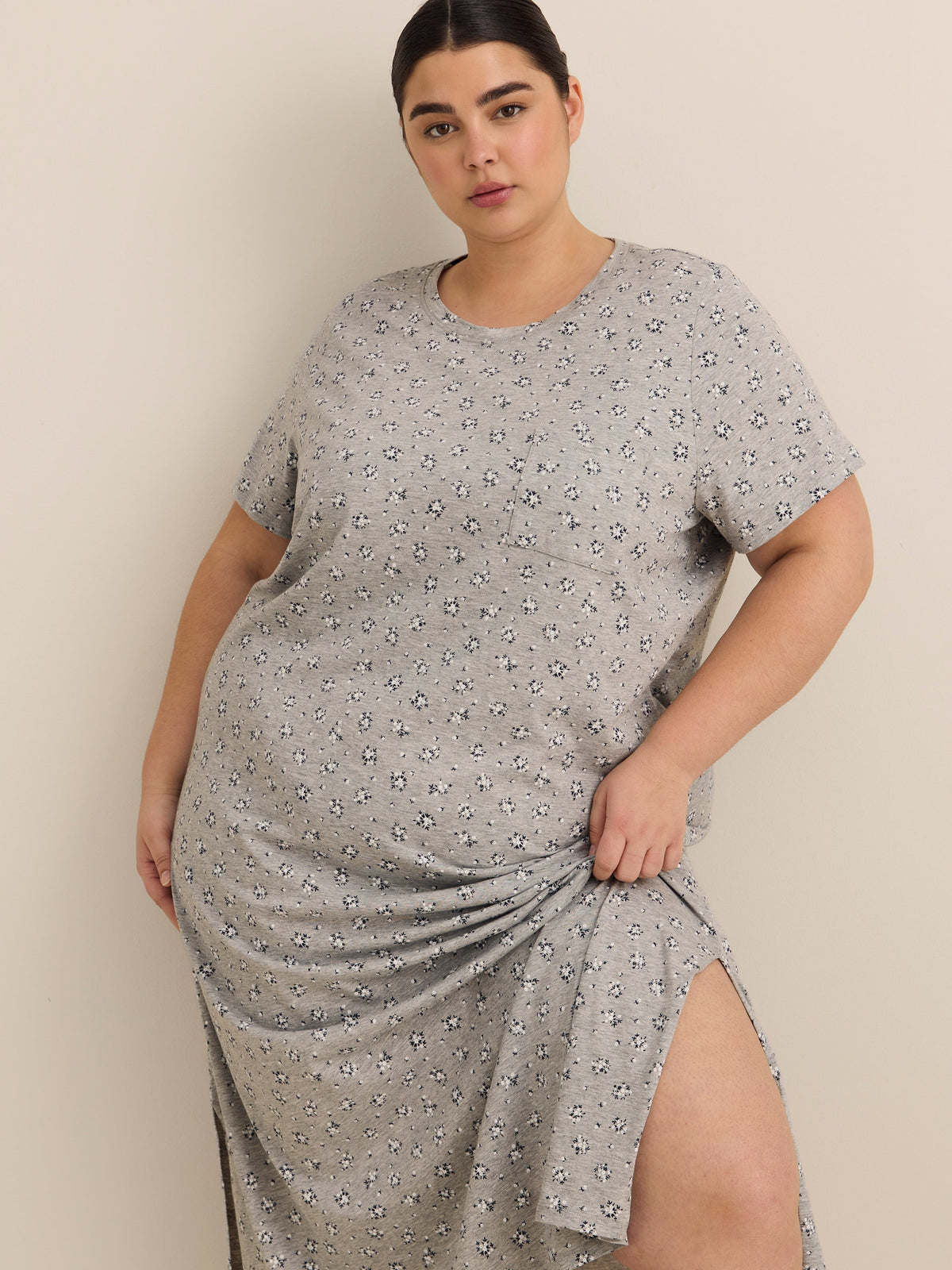 Heather Grey Floral-Print Long Short-Sleeve Sleepshirt - ti Voglio