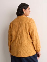 Yellow Embroidered A-Line Blouse with Split Ruffled Collar