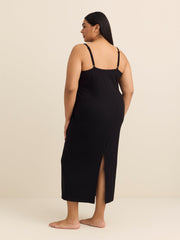 Black Sleeveless Rib Knit Fitted Long Sleepshirt - ti Voglio