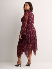 Ribbon-Print Mock-Neck Fit and Flare Midi Dress - Addition Elle