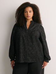 Black A-Line Denim Blouse with Split Ruffled Collar
