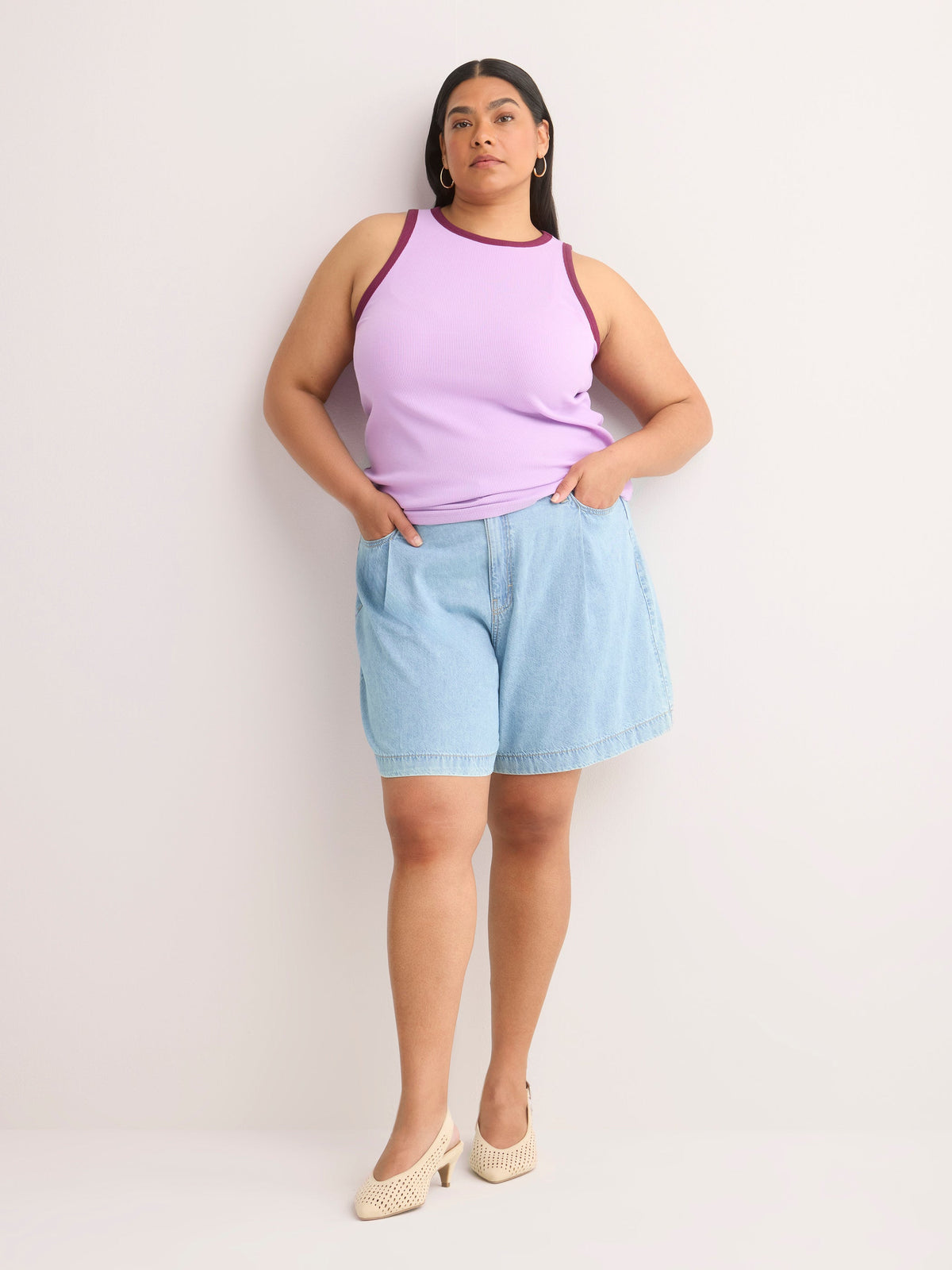 Curvy-Fit High-Rise Pleated Denim Shorts