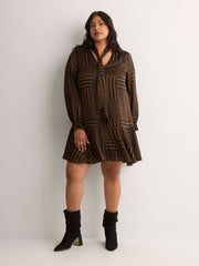 Striped Long-Sleeve Tiered Dress with Neck Tie - Addition Elle