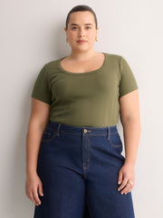 Grey Pointelle Knit Fitted Short-Sleeve T-Shirt