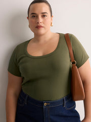 Grey Pointelle Knit Fitted Short-Sleeve T-Shirt