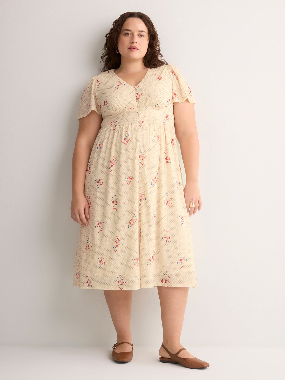 V-Neck Buttoned-Down Midi Dress with Flutter Sleeves - Addition Elle
