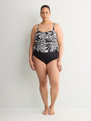 Black Foliage-Print Twisted Bandeau Tankini Top