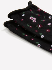 Black Rolled-Edge Crew Socks with Floral Print