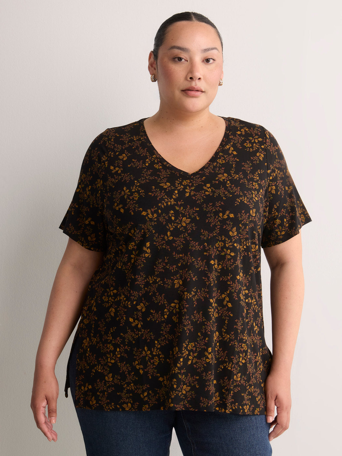 Responsible, Black Modern-Fit V-Neck Tunic with Golden Leaf Print