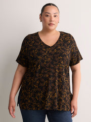 Responsible, Black Modern-Fit V-Neck Tunic with Golden Leaf Print