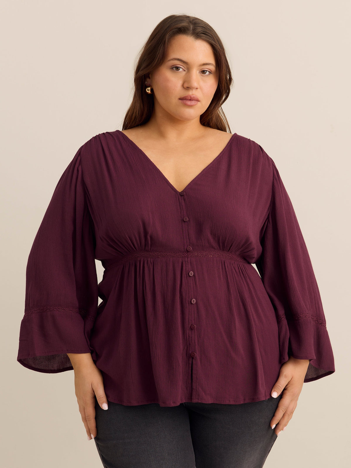 Wide-Sleeve V-Neck Blouse with Decorative Tape - Addition Elle