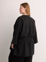 Linen-Blend Loose Kimono Tunic with Waist Drawstring