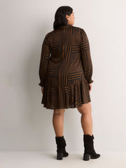Striped Long-Sleeve Tiered Dress with Neck Tie - Addition Elle
