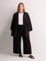 Linen-Blend Loose Kimono Tunic with Waist Drawstring