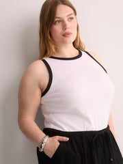 Fitted Halter-Neck Rib Knit Tank Top with Contrast Binding