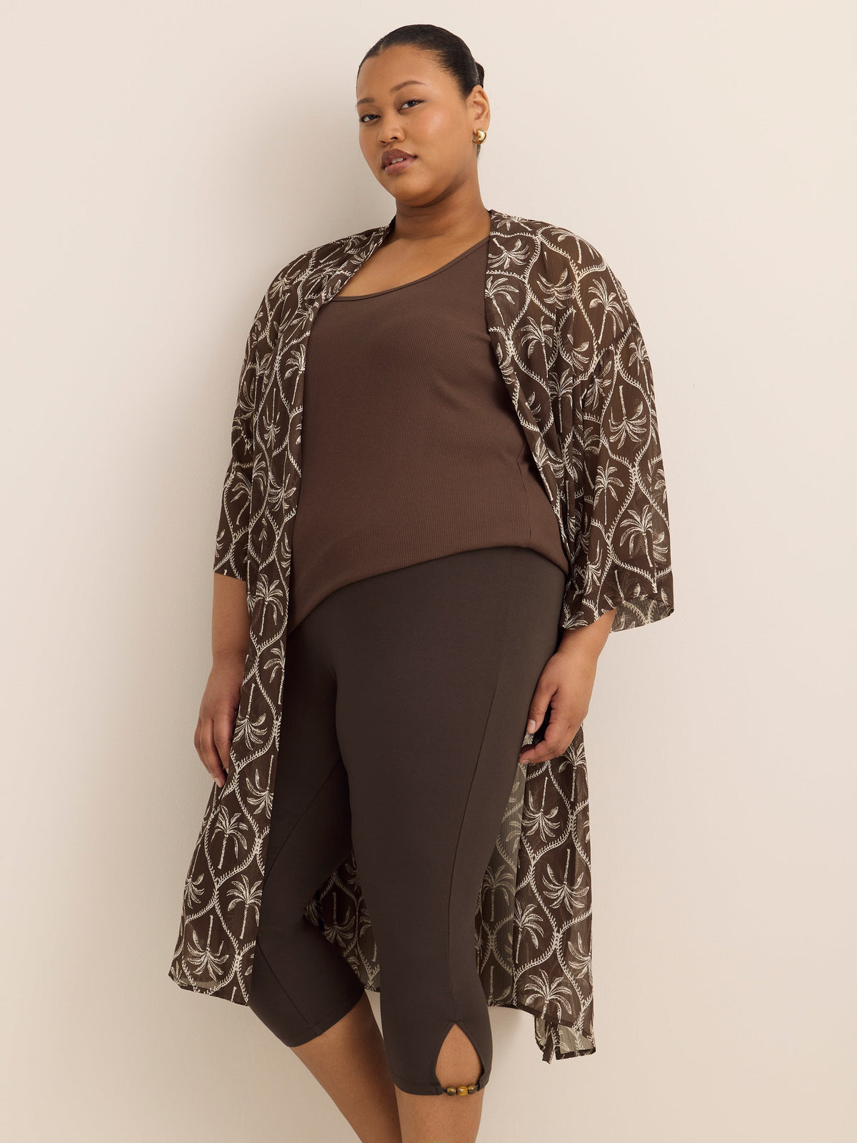 Responsible, Brown Capri Legging with Beaded Keyhole at Hem