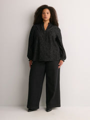 Black A-Line Denim Blouse with Split Ruffled Collar