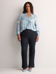 Responsible, Blue Floral A-Line Blouse with Split Ruffled Collar
