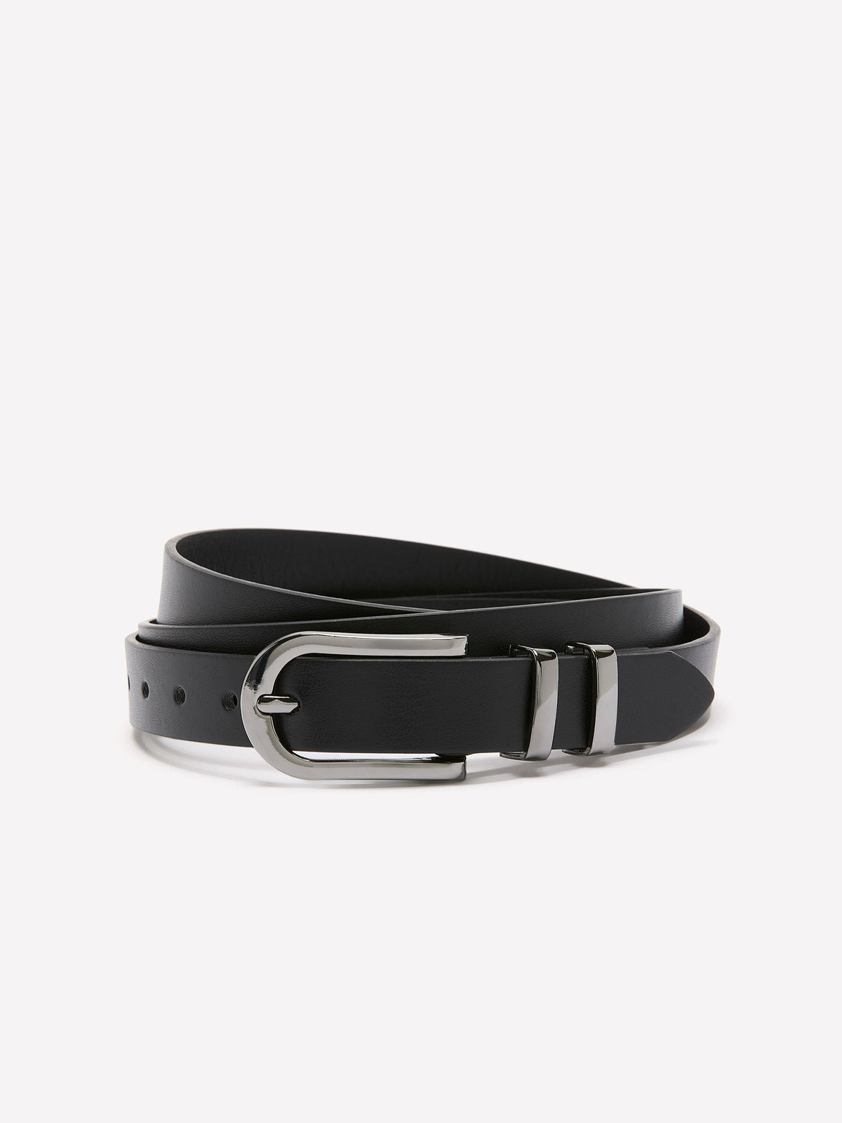 Black Faux Leather Belt with Double Metal Loop