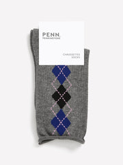 Grey Rolled-Edge Crew Socks with Argyle Print