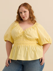 V-Neck Short Bubble Sleeve Blouse