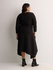 Black Fit and Flare V-Neck Shirred Knit Midi Dress - Addition Elle