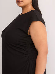 Crew-Neck Extended-Sleeve Knit Dress with Side Shirring