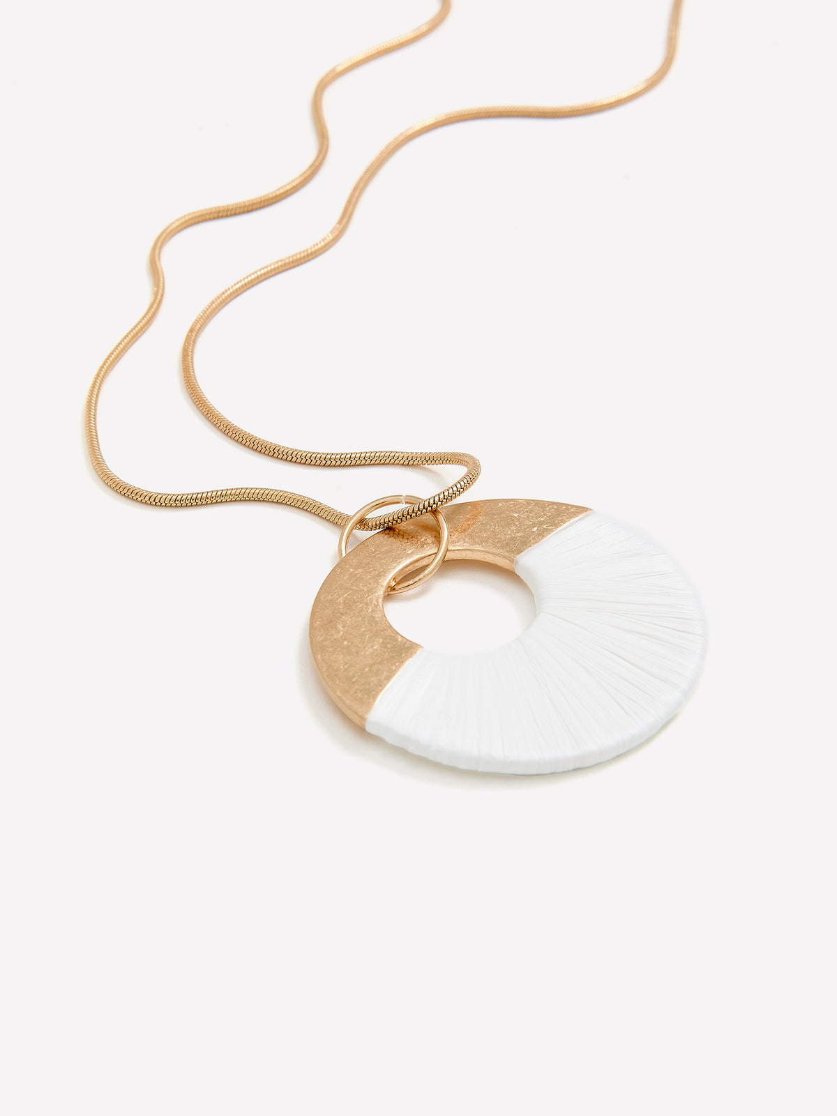 Long Matte Golden Necklace with Round Straw Pendant