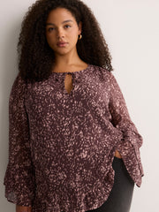 Split-Neck Long Flounce Sleeve Asymmetrical Blouse