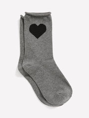 Grey Crew Socks with Heart Placement Print