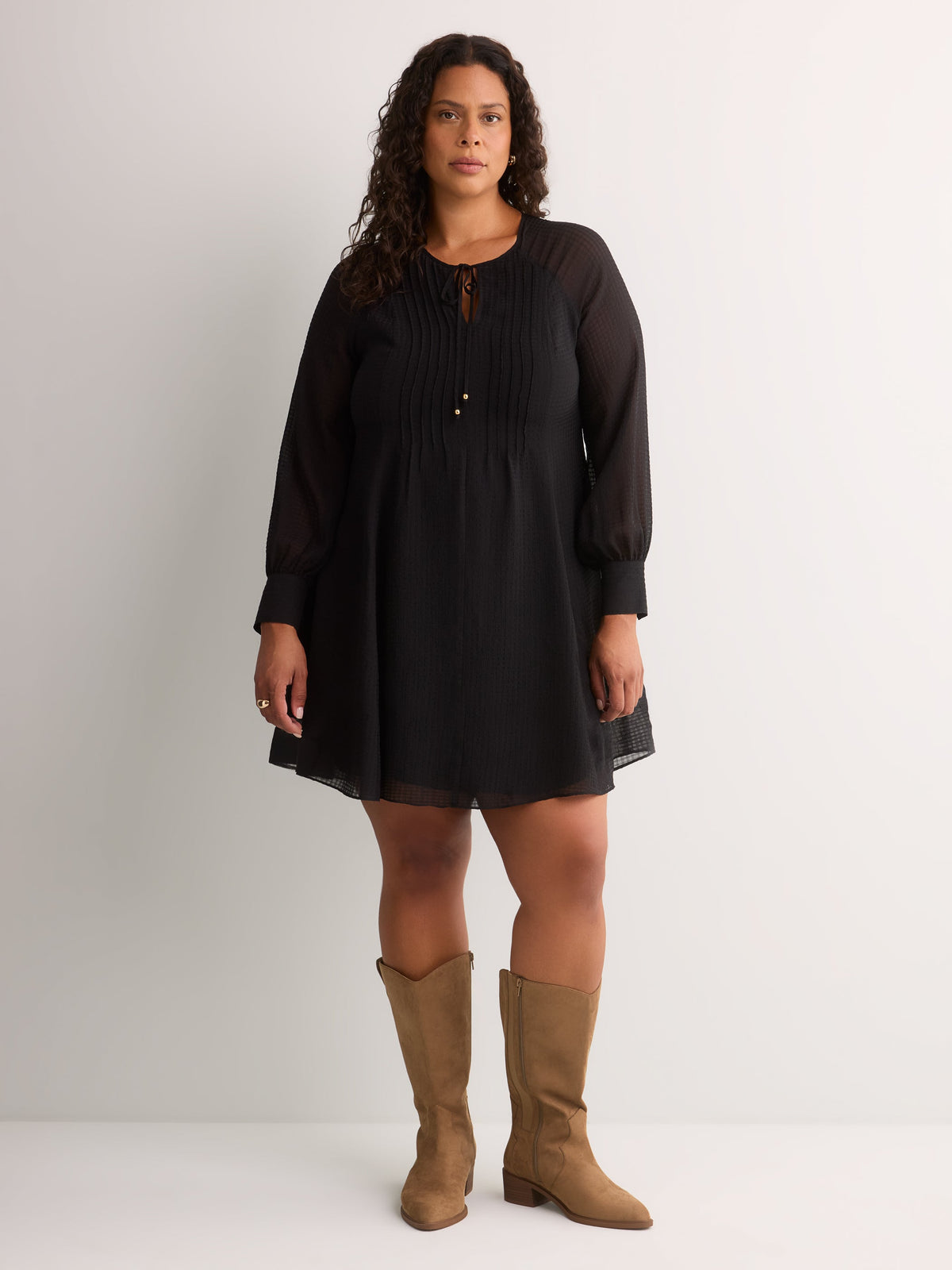 Black Chiffon Balloon-Sleeve Swing Short Dress - Addition Elle