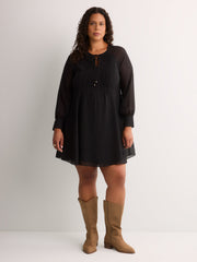 Black Chiffon Balloon-Sleeve Swing Short Dress - Addition Elle