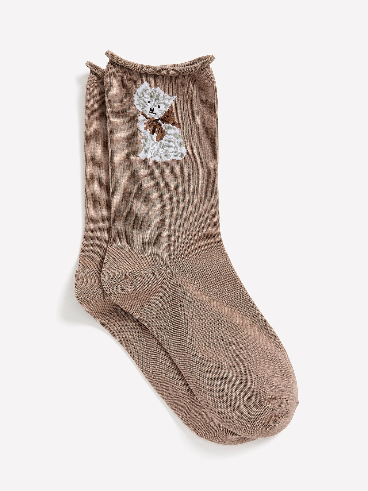 Taupe Rolled-Edge Crew Socks with Cat Placement Print