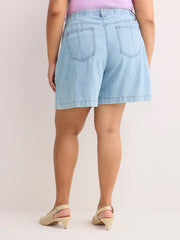 Curvy-Fit High-Rise Pleated Denim Shorts