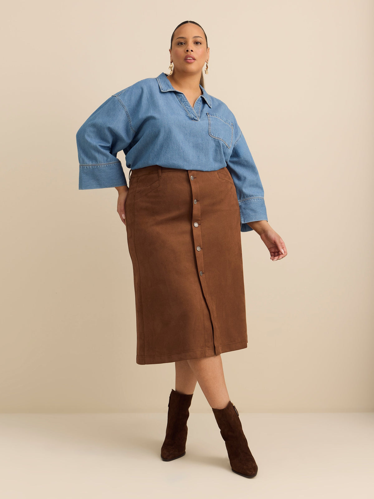 Tan Faux-Suede Buttoned Down Midi Skirt